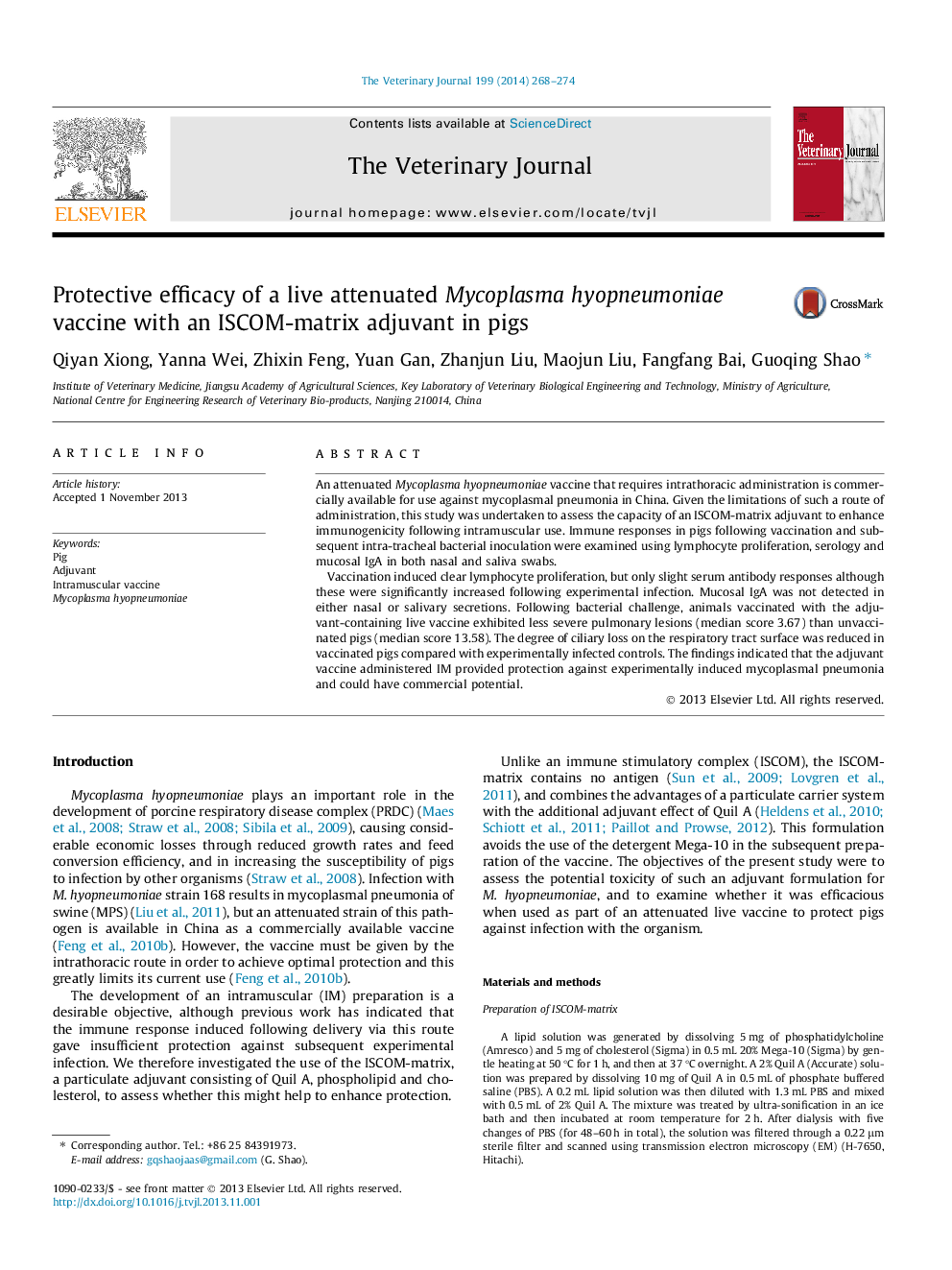 Protective efficacy of a live attenuated Mycoplasma hyopneumoniae vaccine with an ISCOM-matrix adjuvant in pigs