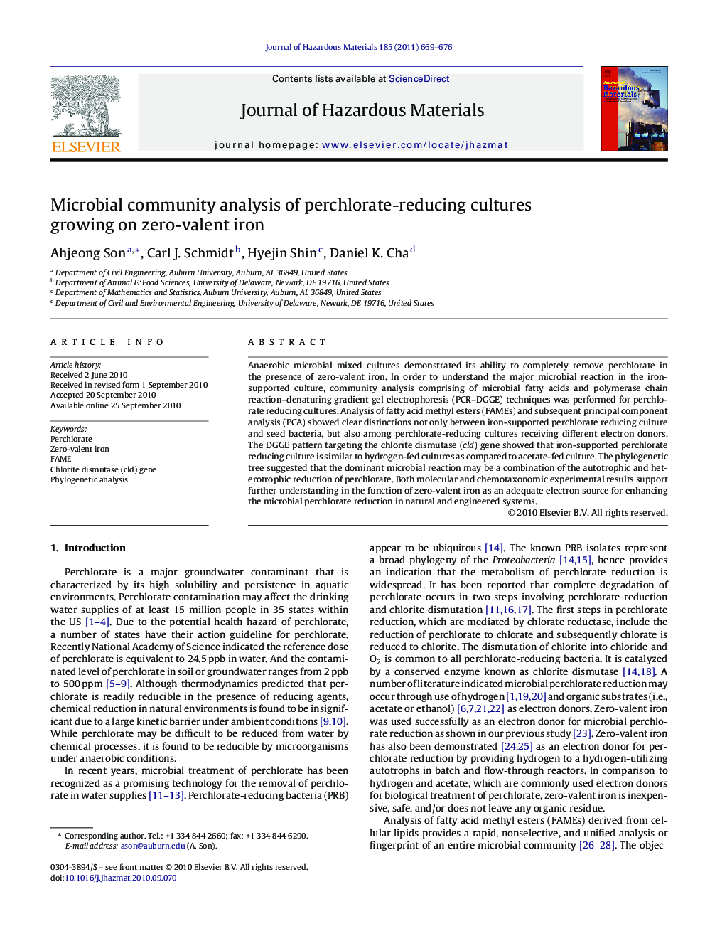 Microbial community analysis of perchlorate-reducing cultures growing on zero-valent iron