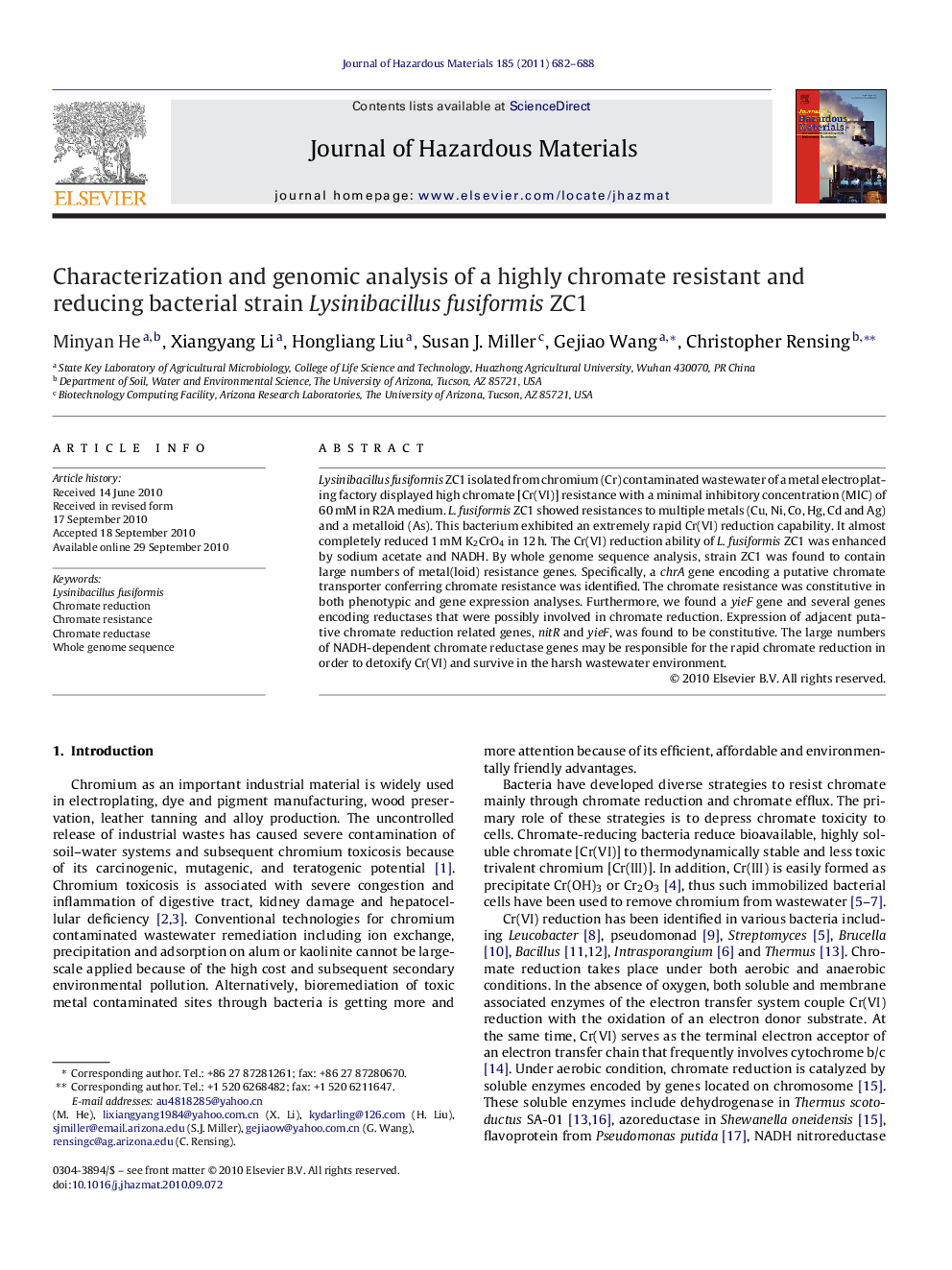 Characterization and genomic analysis of a highly chromate resistant and reducing bacterial strain Lysinibacillus fusiformis ZC1