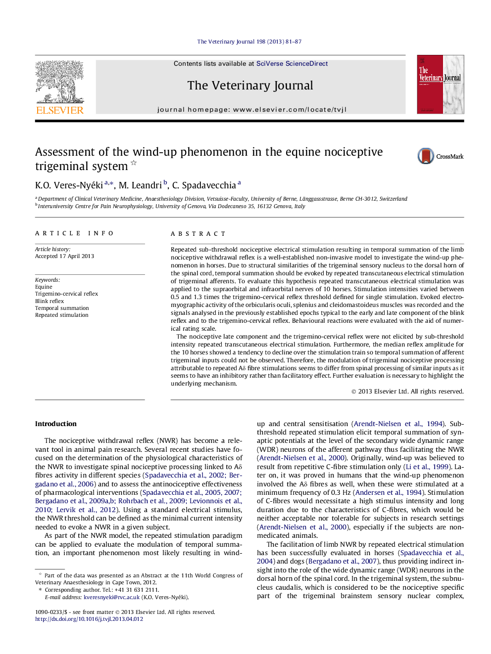 Assessment of the wind-up phenomenon in the equine nociceptive trigeminal system