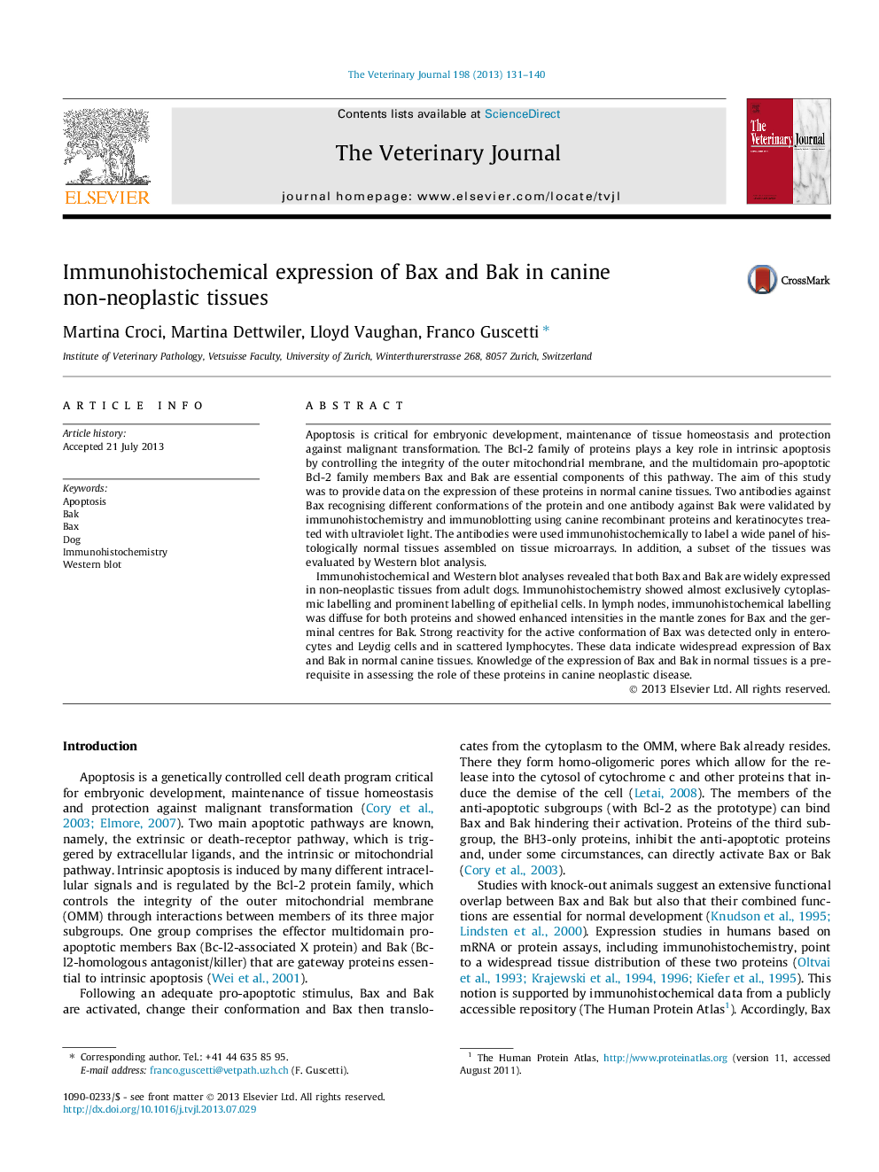 Immunohistochemical expression of Bax and Bak in canine non-neoplastic tissues