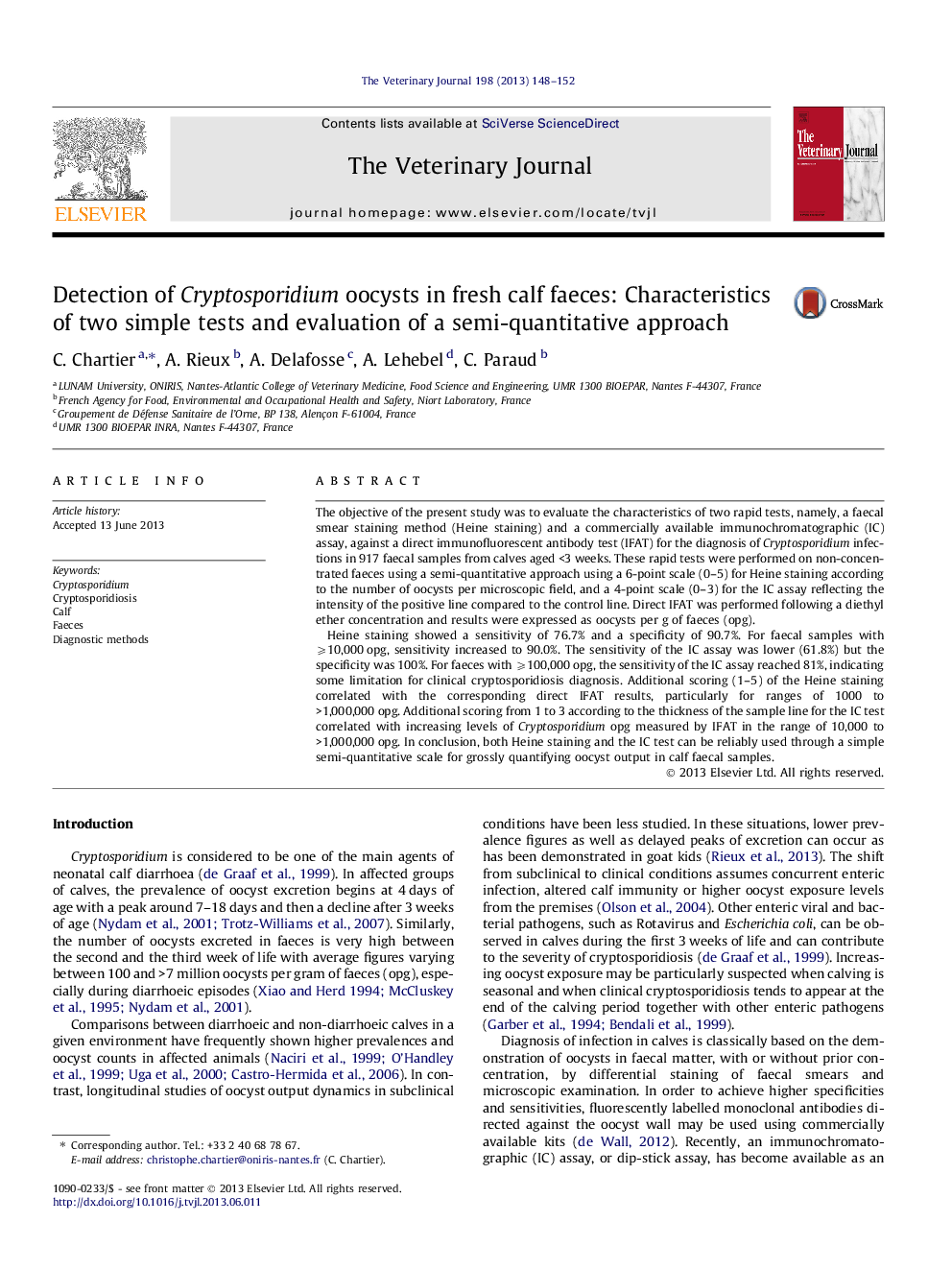 Detection of Cryptosporidium oocysts in fresh calf faeces: Characteristics of two simple tests and evaluation of a semi-quantitative approach