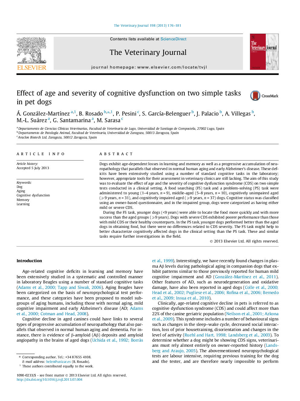 Effect of age and severity of cognitive dysfunction on two simple tasks in pet dogs