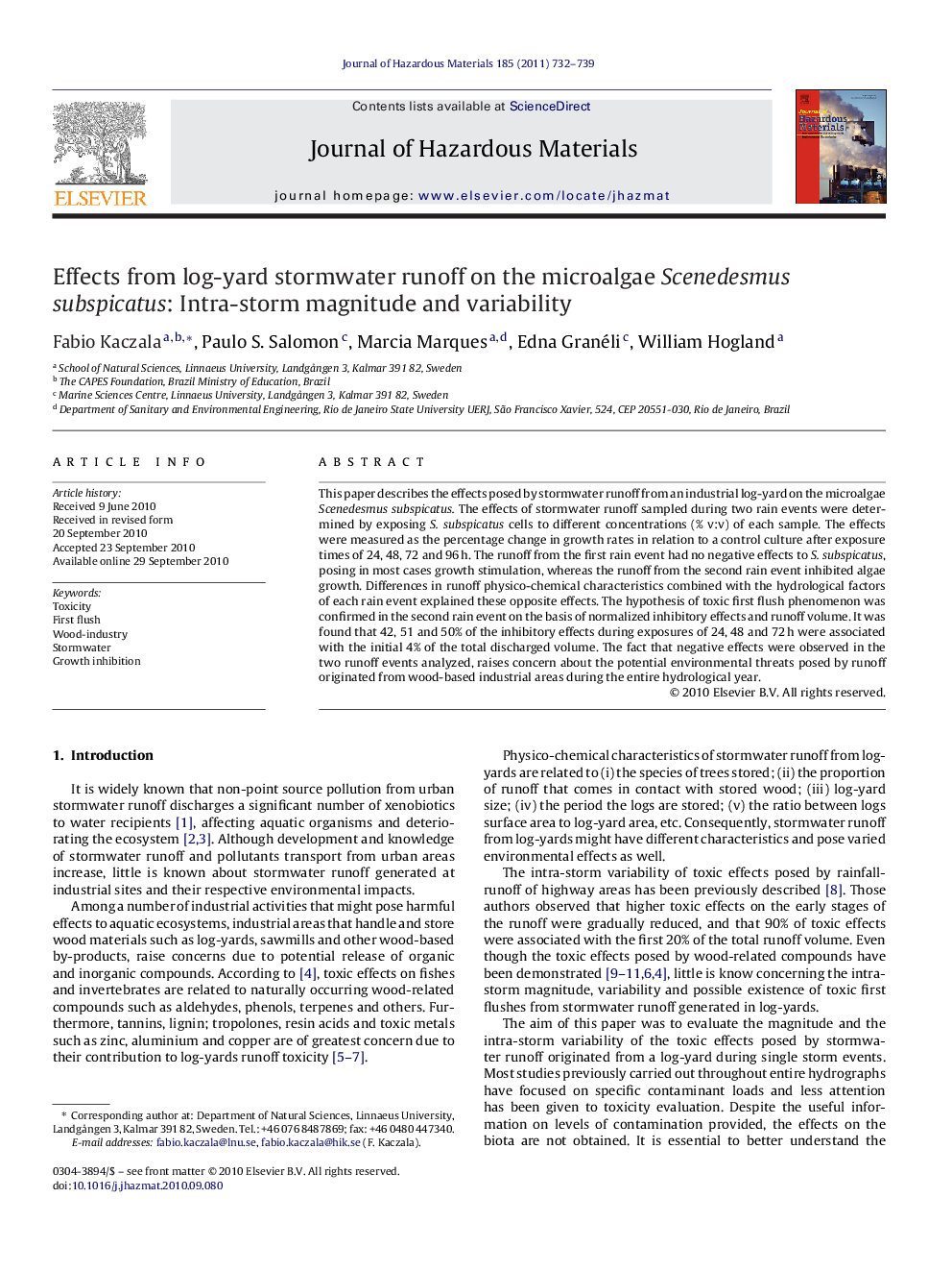 Effects from log-yard stormwater runoff on the microalgae Scenedesmus subspicatus: Intra-storm magnitude and variability