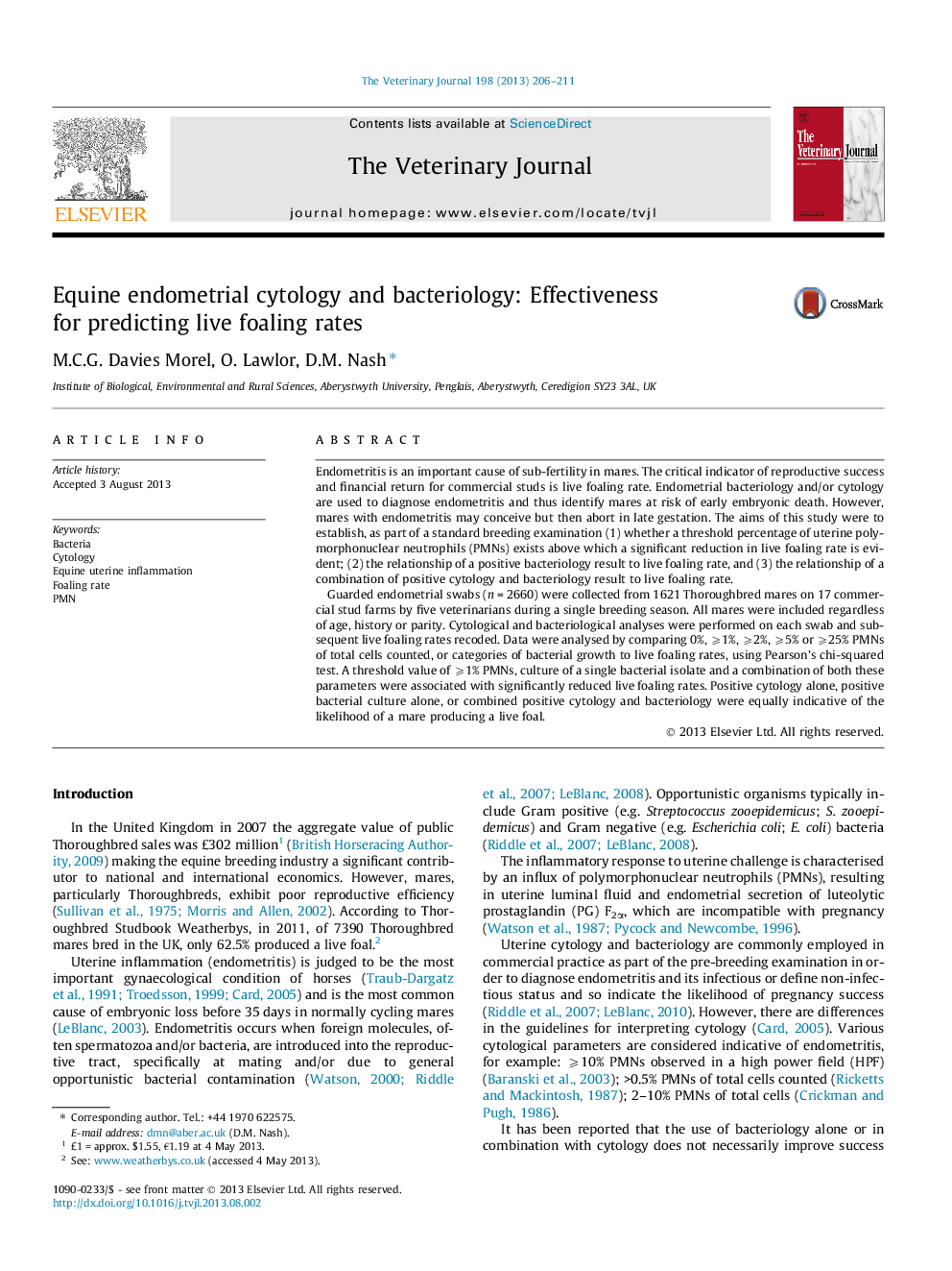 Equine endometrial cytology and bacteriology: Effectiveness for predicting live foaling rates