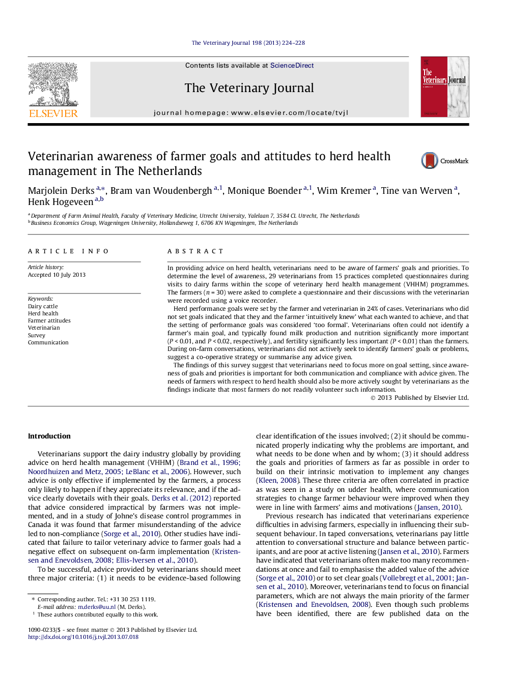 Veterinarian awareness of farmer goals and attitudes to herd health management in The Netherlands