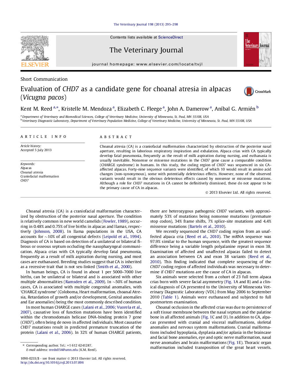 Evaluation of CHD7 as a candidate gene for choanal atresia in alpacas (Vicugna pacos)