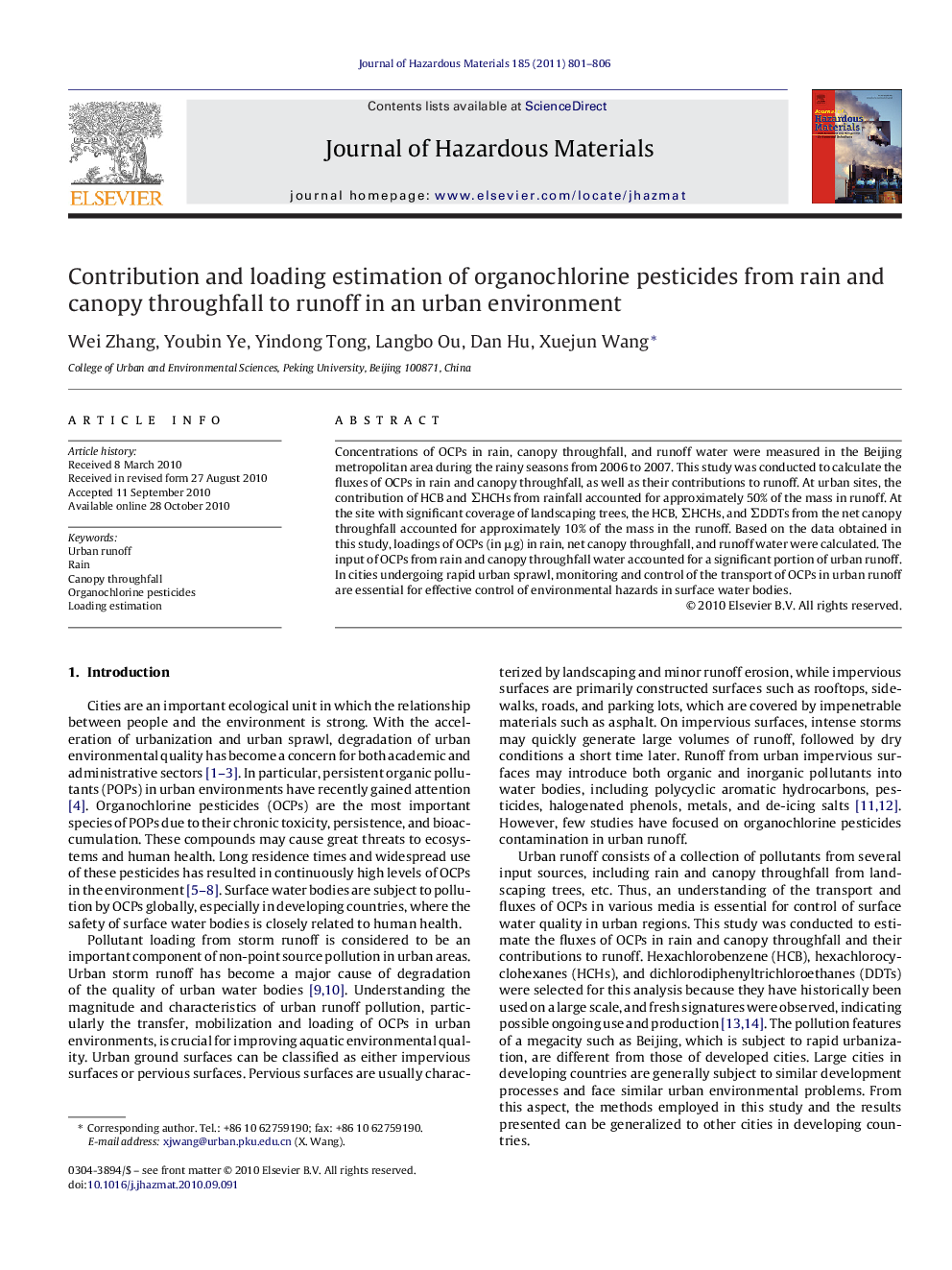 Contribution and loading estimation of organochlorine pesticides from rain and canopy throughfall to runoff in an urban environment