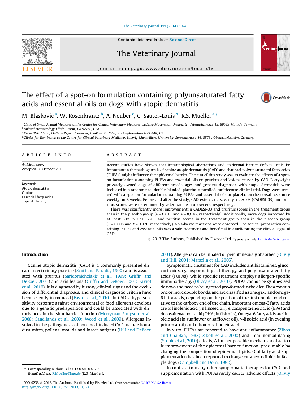 The effect of a spot-on formulation containing polyunsaturated fatty acids and essential oils on dogs with atopic dermatitis