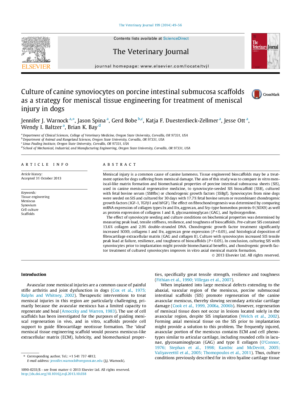 Culture of canine synoviocytes on porcine intestinal submucosa scaffolds as a strategy for meniscal tissue engineering for treatment of meniscal injury in dogs