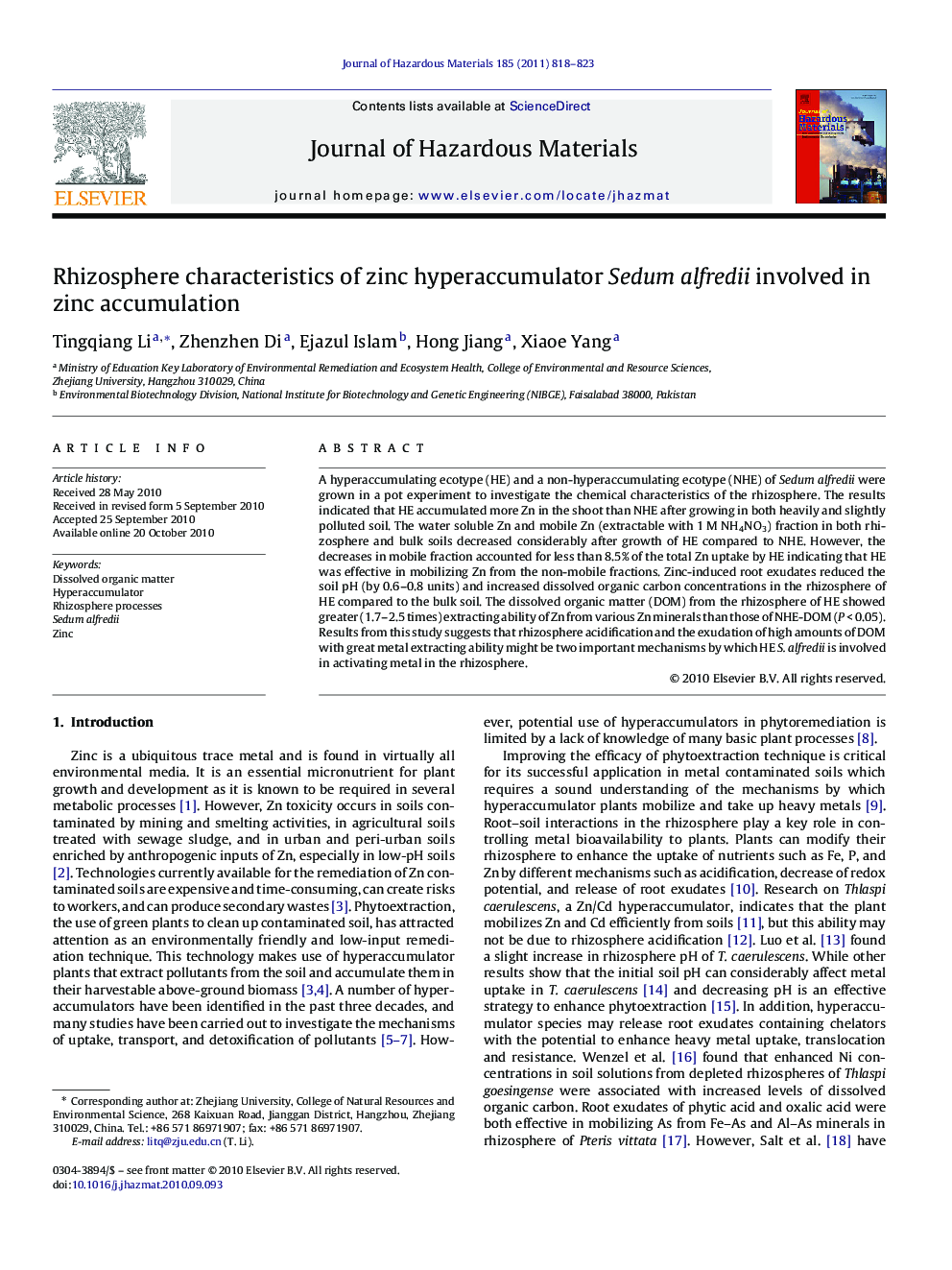 Rhizosphere characteristics of zinc hyperaccumulator Sedum alfredii involved in zinc accumulation