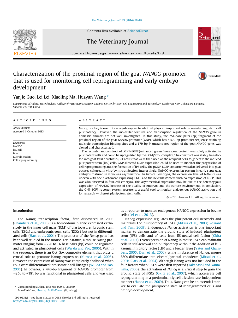 Characterization of the proximal region of the goat NANOG promoter that is used for monitoring cell reprogramming and early embryo development