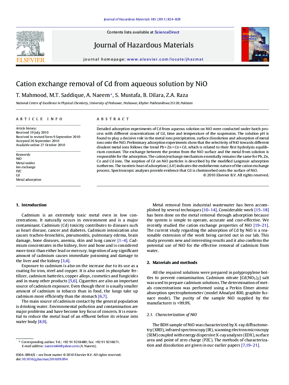 Cation exchange removal of Cd from aqueous solution by NiO