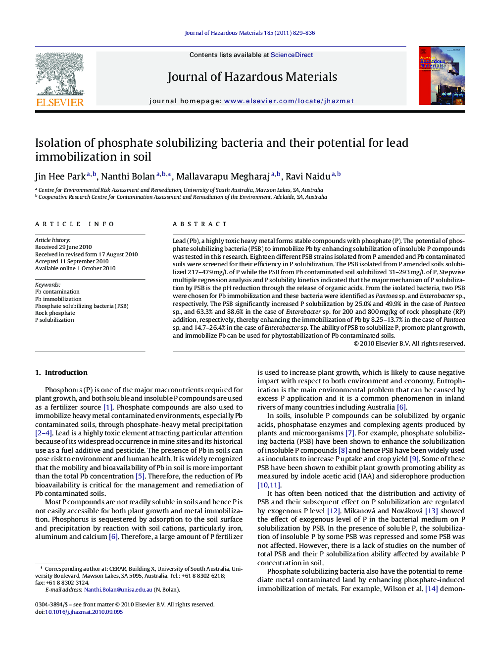 Isolation of phosphate solubilizing bacteria and their potential for lead immobilization in soil