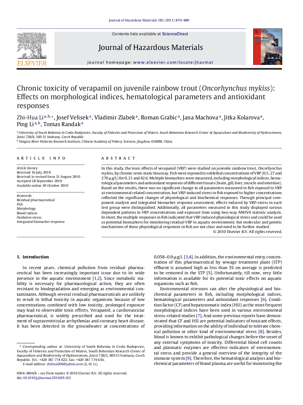 Chronic toxicity of verapamil on juvenile rainbow trout (Oncorhynchus mykiss): Effects on morphological indices, hematological parameters and antioxidant responses