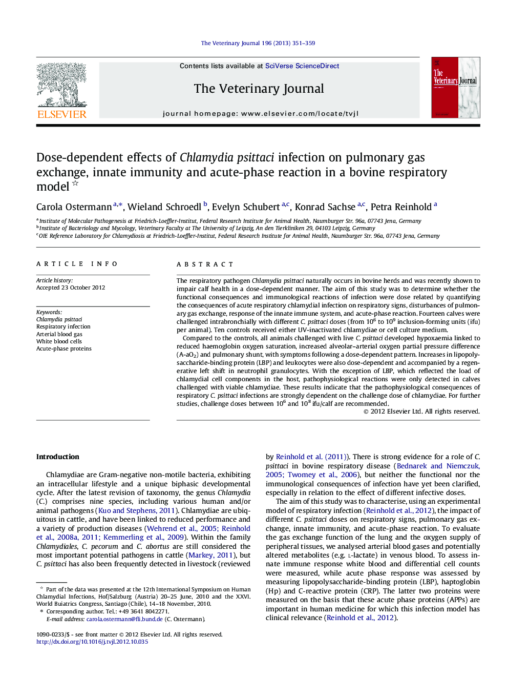 Dose-dependent effects of Chlamydia psittaci infection on pulmonary gas exchange, innate immunity and acute-phase reaction in a bovine respiratory model