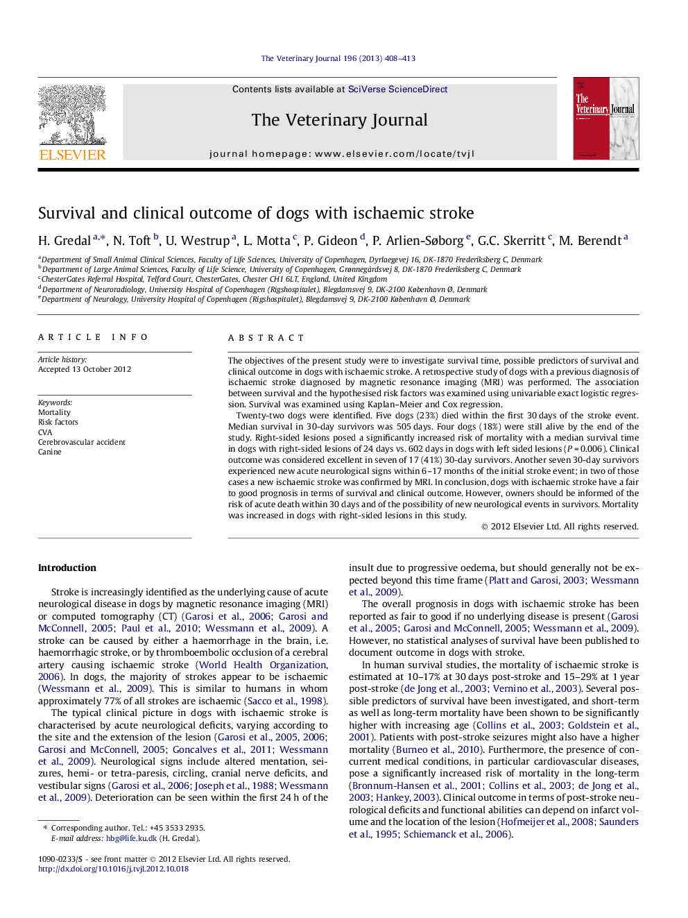 Survival and clinical outcome of dogs with ischaemic stroke