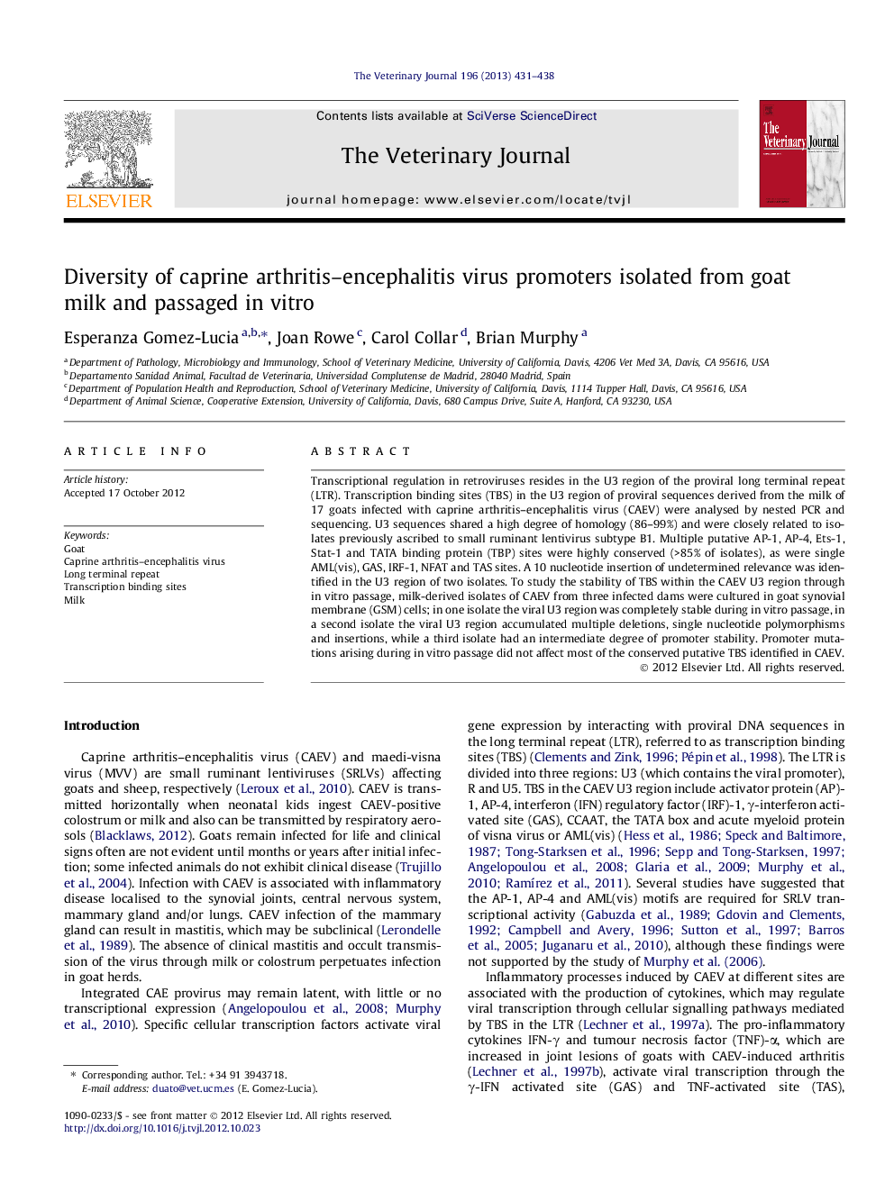 Diversity of caprine arthritis-encephalitis virus promoters isolated from goat milk and passaged in vitro