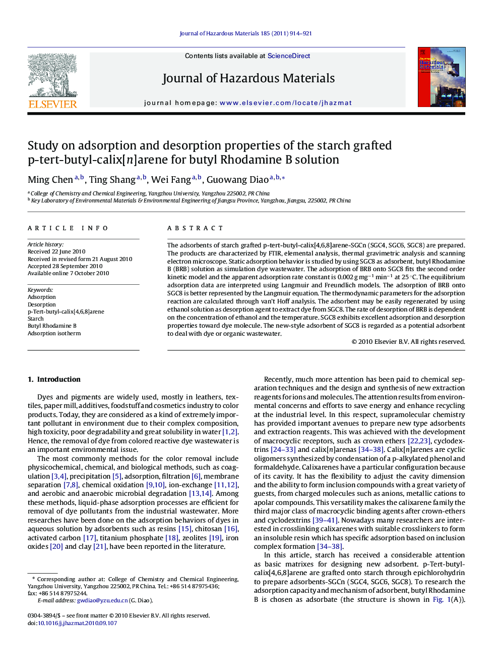 Study on adsorption and desorption properties of the starch grafted p-tert-butyl-calix[n]arene for butyl Rhodamine B solution