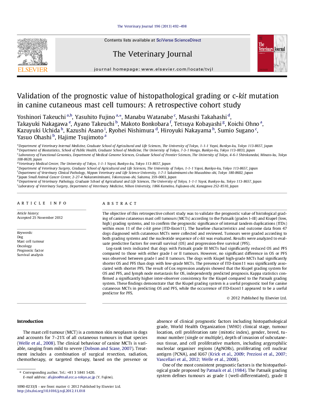 Validation of the prognostic value of histopathological grading or c-kit mutation in canine cutaneous mast cell tumours: A retrospective cohort study