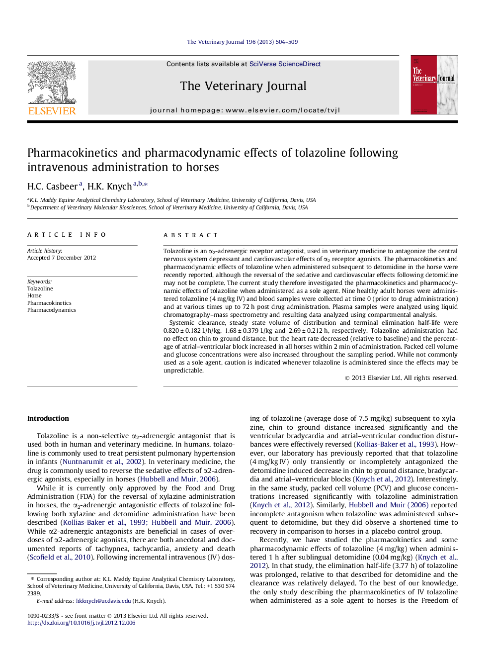 Pharmacokinetics and pharmacodynamic effects of tolazoline following intravenous administration to horses