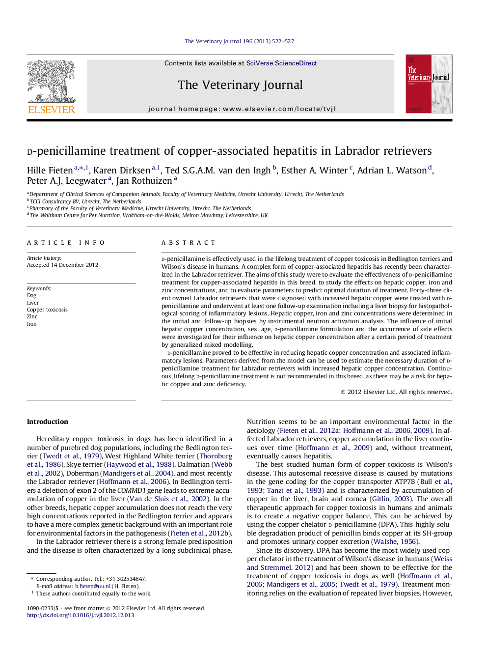 d-penicillamine treatment of copper-associated hepatitis in Labrador retrievers