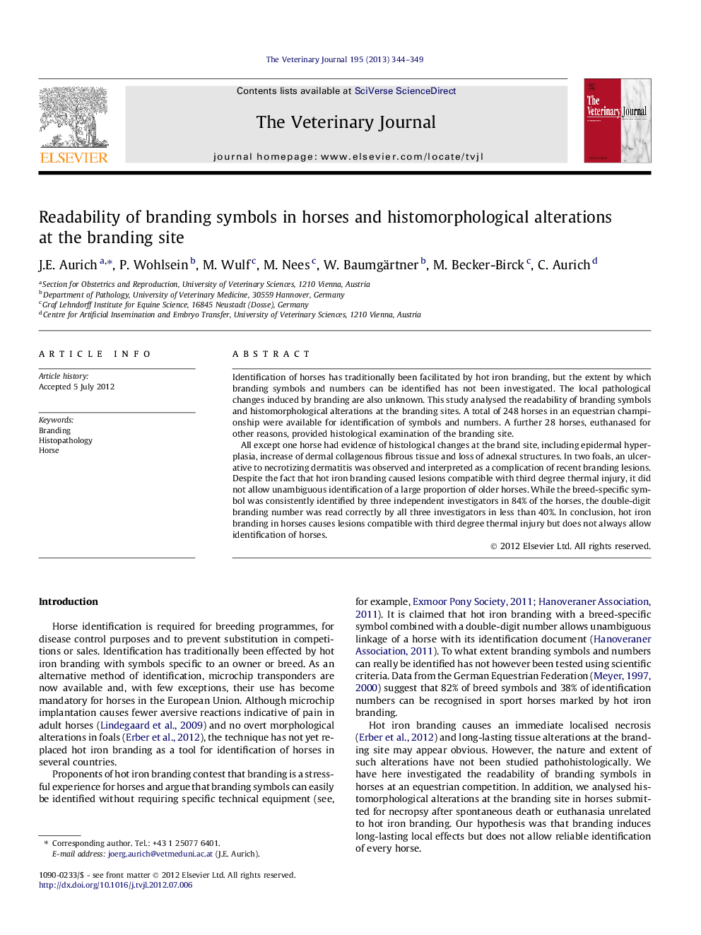 Readability of branding symbols in horses and histomorphological alterations at the branding site