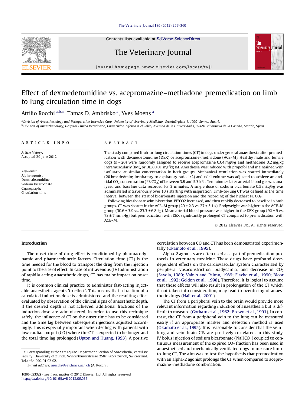 Effect of dexmedetomidine vs. acepromazine-methadone premedication on limb to lung circulation time in dogs