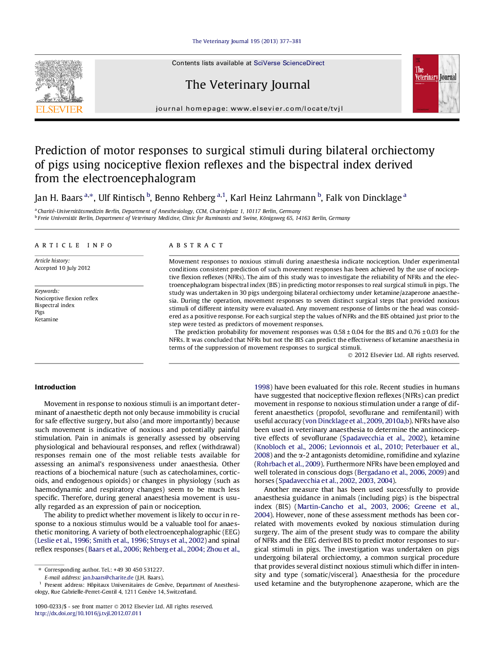 Prediction of motor responses to surgical stimuli during bilateral orchiectomy of pigs using nociceptive flexion reflexes and the bispectral index derived from the electroencephalogram