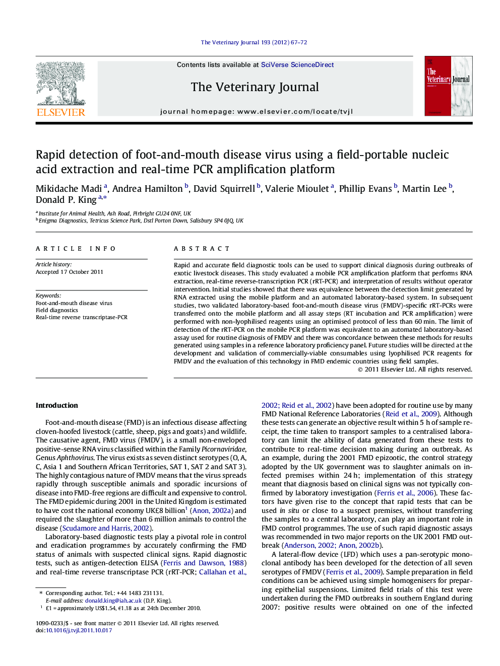 Rapid detection of foot-and-mouth disease virus using a field-portable nucleic acid extraction and real-time PCR amplification platform