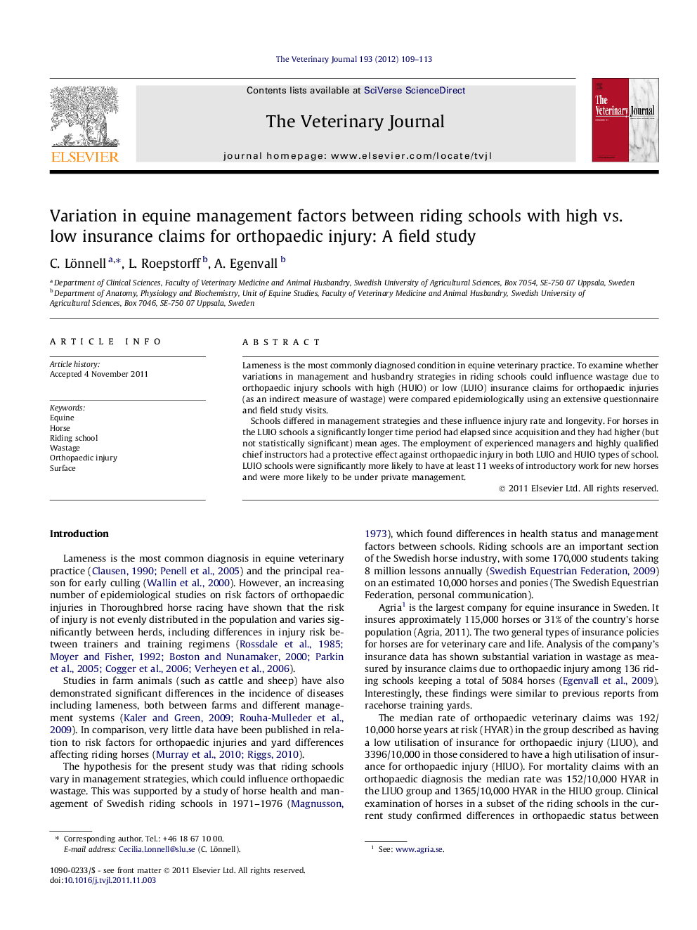 Variation in equine management factors between riding schools with high vs. low insurance claims for orthopaedic injury: A field study