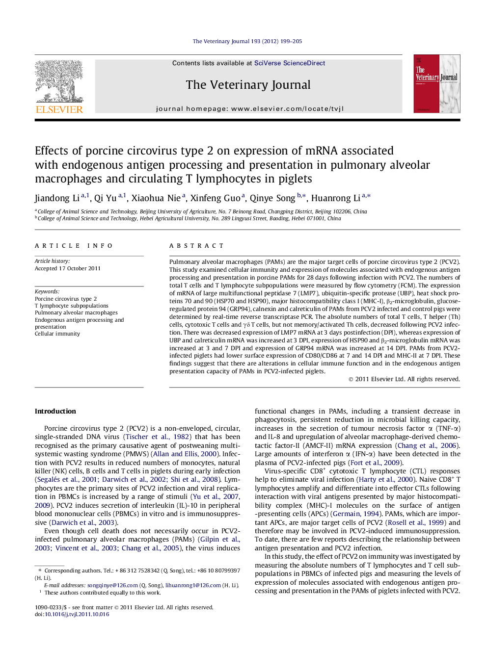 Effects of porcine circovirus type 2 on expression of mRNA associated with endogenous antigen processing and presentation in pulmonary alveolar macrophages and circulating T lymphocytes in piglets