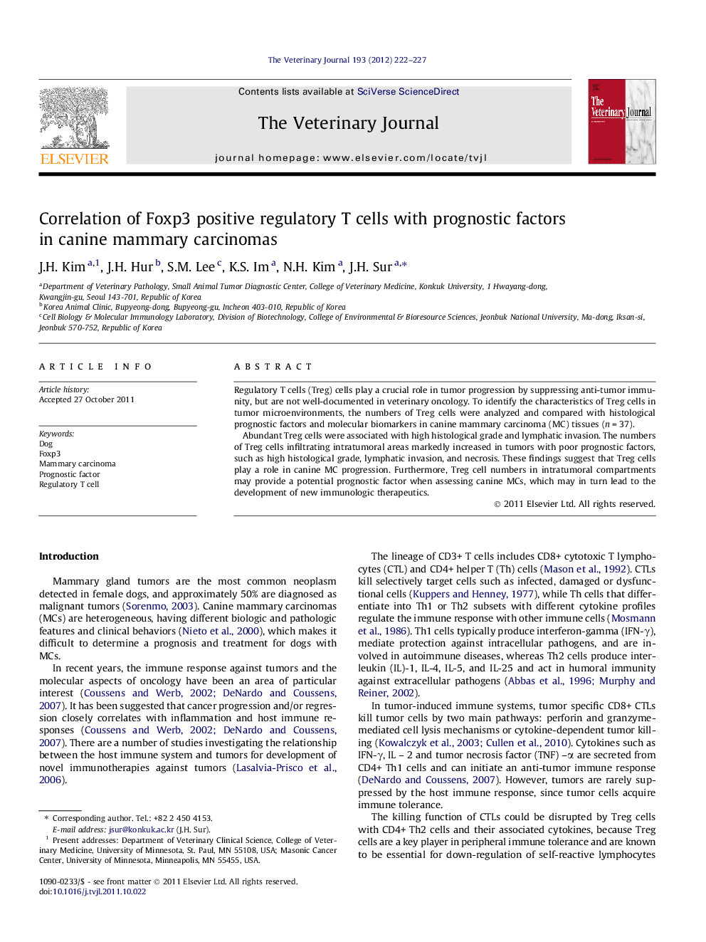 عکس صفحه اول مقاله: Correlation of Foxp3 positive regulatory T cells with prognostic factors in canine mammary carcinomas Correlation of Foxp3 positive regulatory T cells with prognostic factors in canine mammary carcinomas