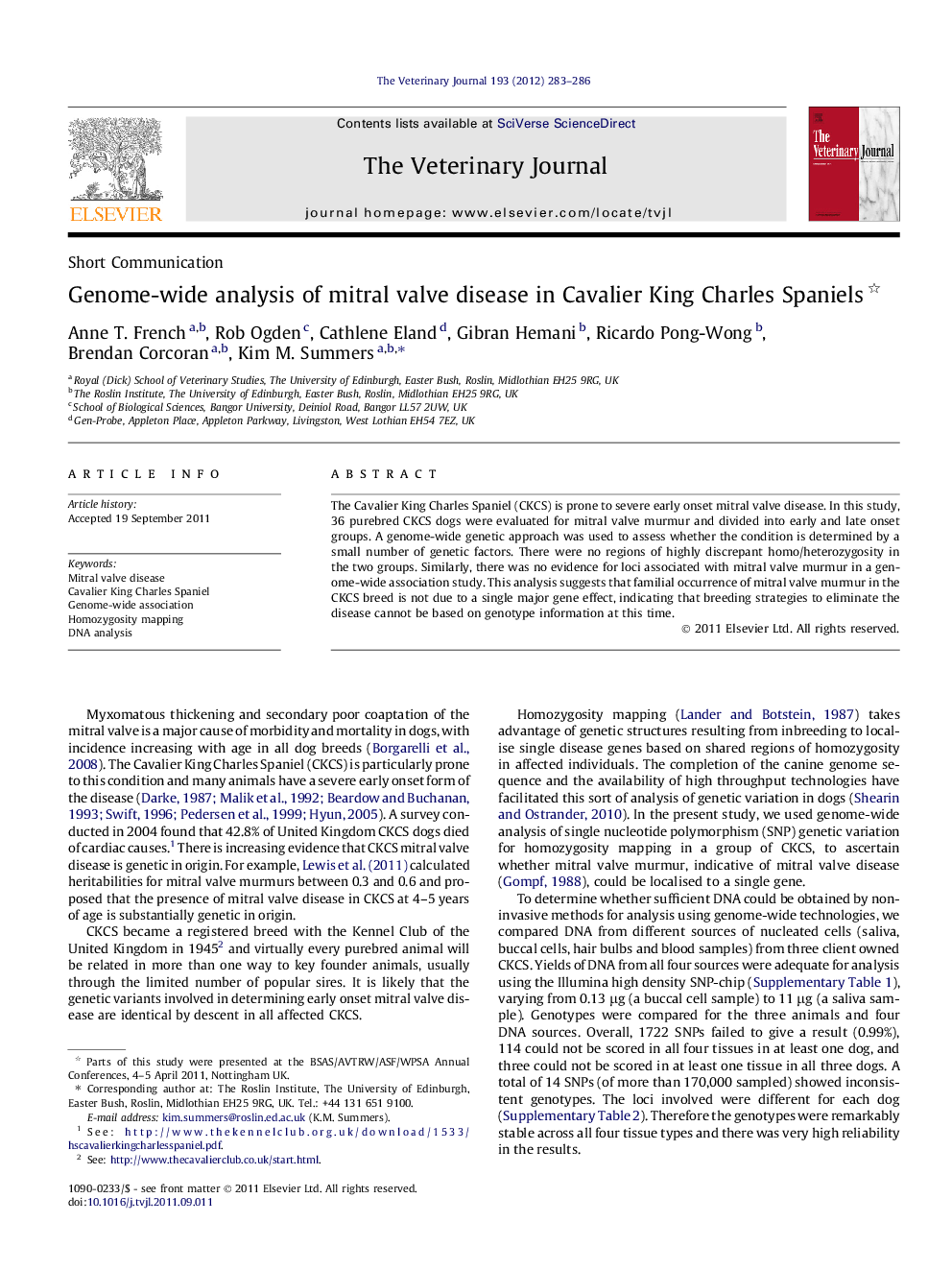 Genome-wide analysis of mitral valve disease in Cavalier King Charles Spaniels