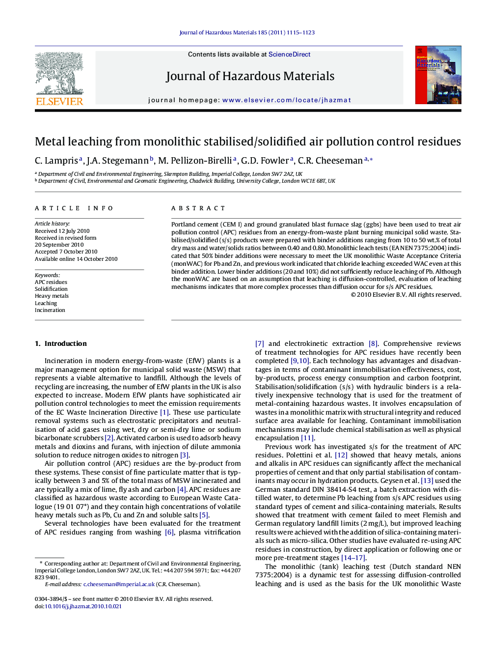 Metal leaching from monolithic stabilised/solidified air pollution control residues