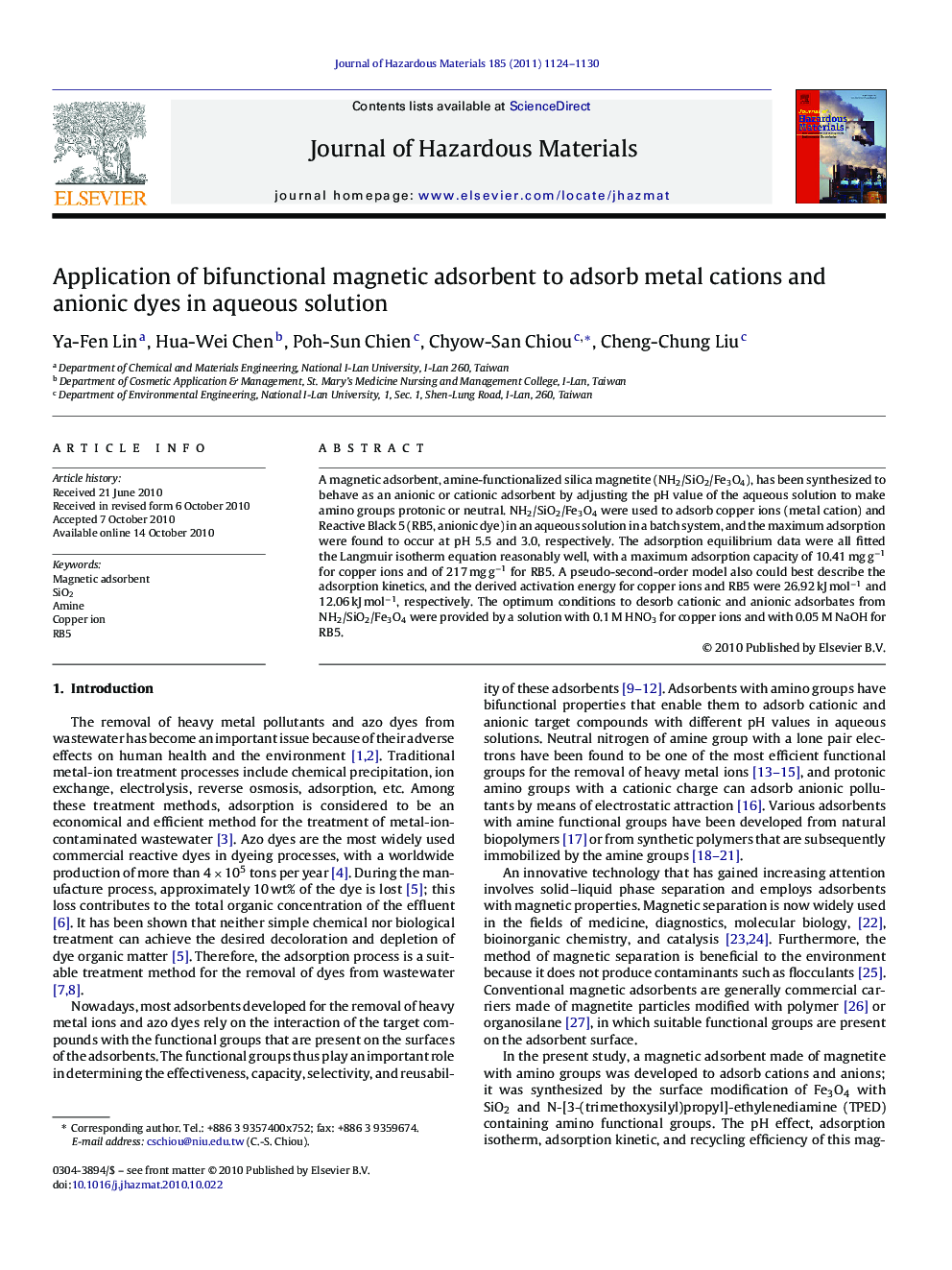 Application of bifunctional magnetic adsorbent to adsorb metal cations and anionic dyes in aqueous solution