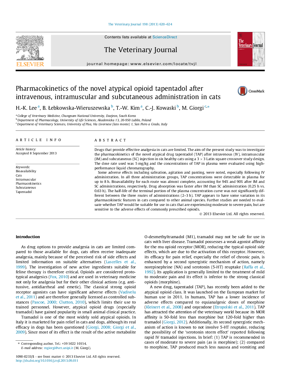 Pharmacokinetics of the novel atypical opioid tapentadol after intravenous, intramuscular and subcutaneous administration in cats