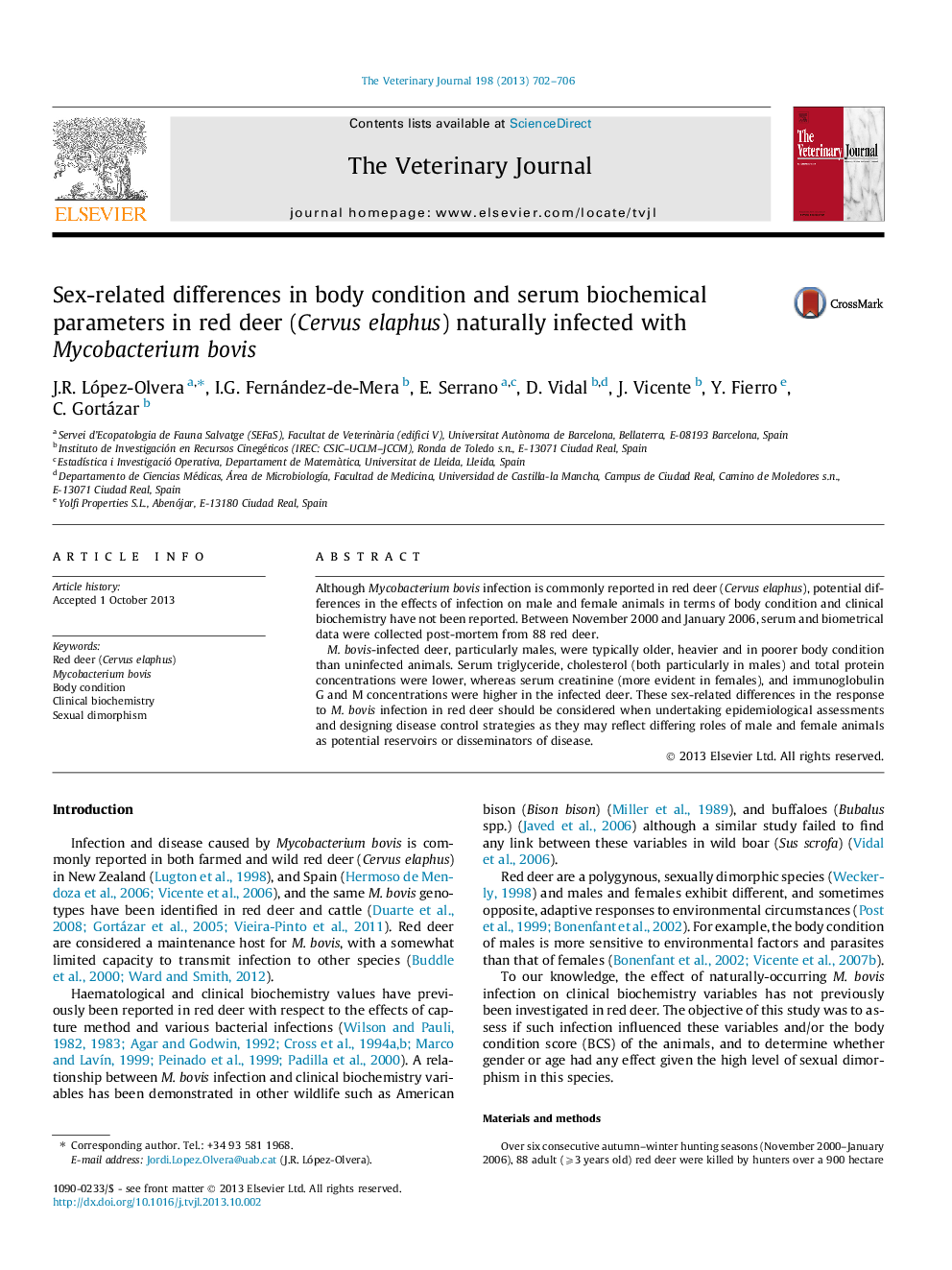 Sex-related differences in body condition and serum biochemical parameters in red deer (Cervus elaphus) naturally infected with Mycobacterium bovis