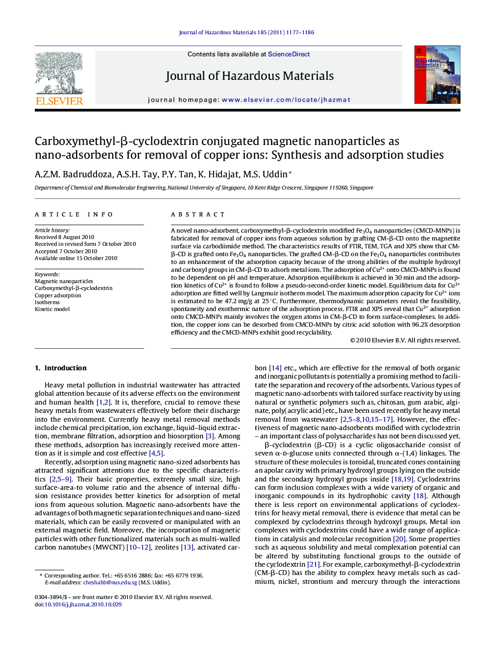 Carboxymethyl-Î²-cyclodextrin conjugated magnetic nanoparticles as nano-adsorbents for removal of copper ions: Synthesis and adsorption studies