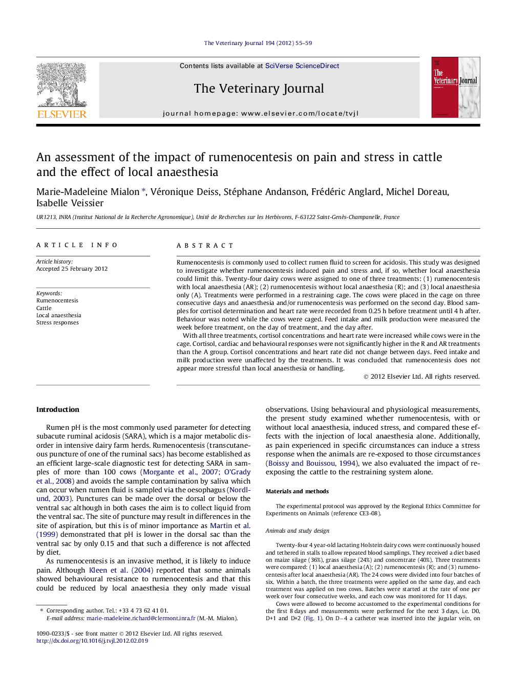 An assessment of the impact of rumenocentesis on pain and stress in cattle and the effect of local anaesthesia