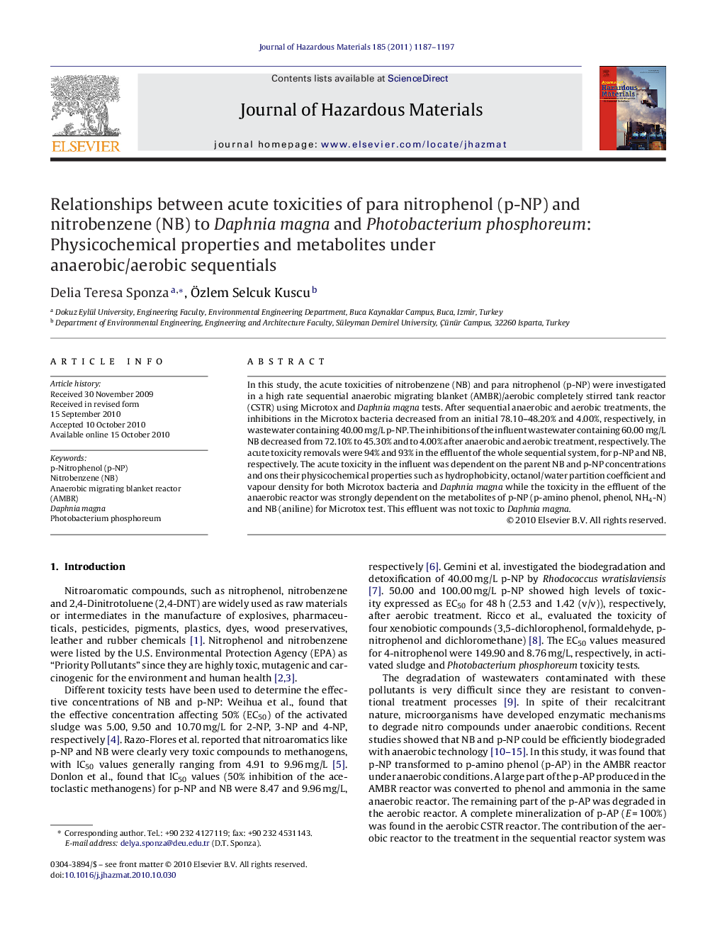 Relationships between acute toxicities of para nitrophenol (p-NP) and nitrobenzene (NB) to Daphnia magna and Photobacterium phosphoreum: Physicochemical properties and metabolites under anaerobic/aerobic sequentials