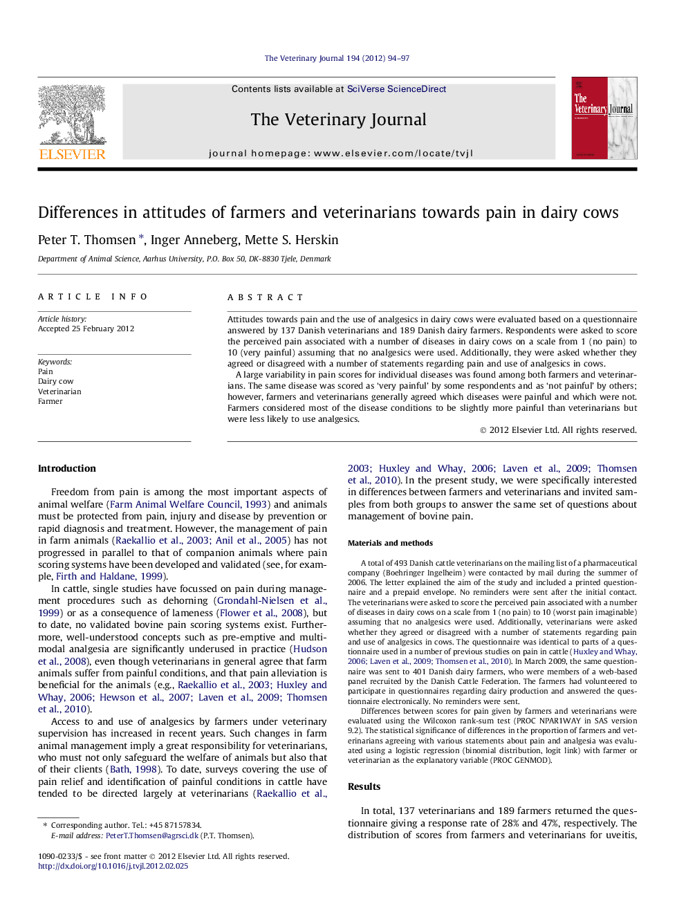 Differences in attitudes of farmers and veterinarians towards pain in dairy cows