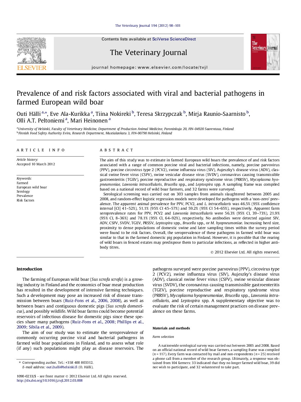 Prevalence of and risk factors associated with viral and bacterial pathogens in farmed European wild boar