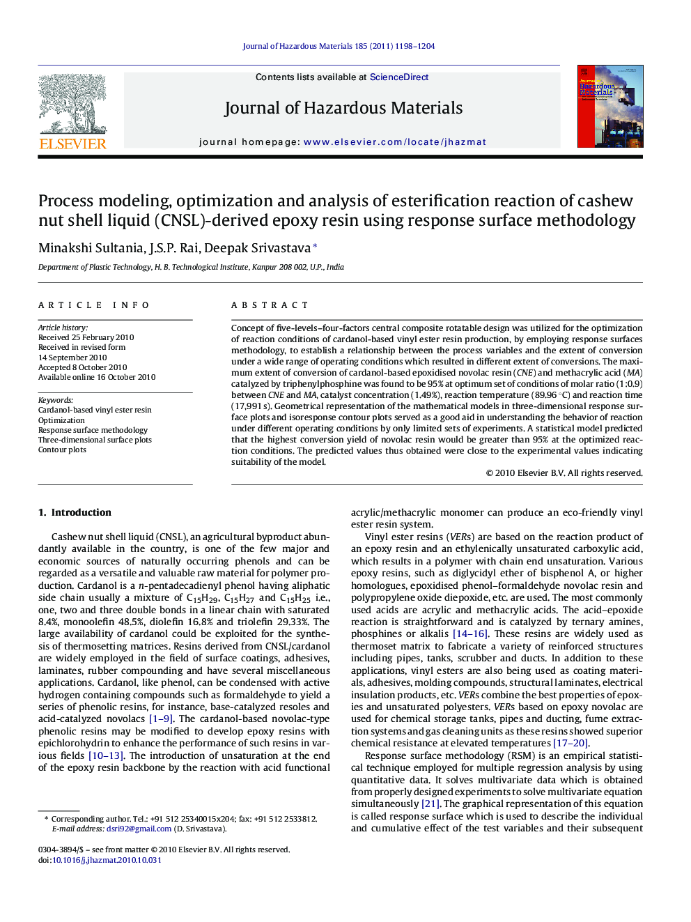 Process modeling, optimization and analysis of esterification reaction of cashew nut shell liquid (CNSL)-derived epoxy resin using response surface methodology