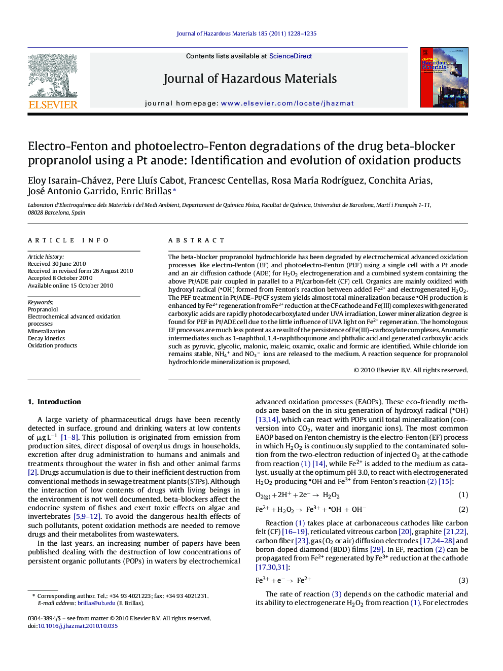 Electro-Fenton and photoelectro-Fenton degradations of the drug beta-blocker propranolol using a Pt anode: Identification and evolution of oxidation products