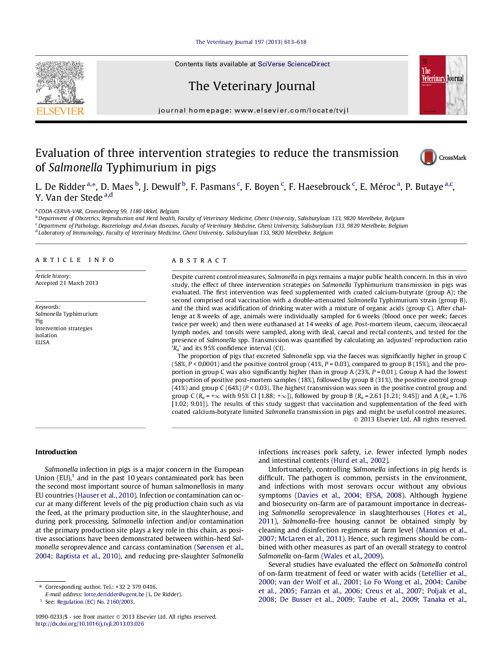 Evaluation of three intervention strategies to reduce the transmission of Salmonella Typhimurium in pigs