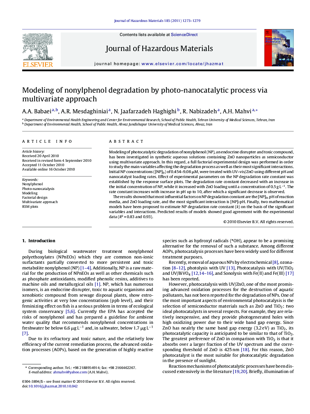 Modeling of nonylphenol degradation by photo-nanocatalytic process via multivariate approach