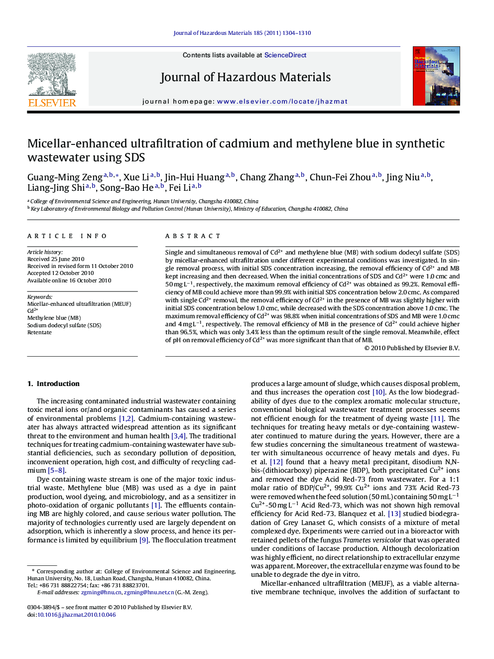 Micellar-enhanced ultrafiltration of cadmium and methylene blue in synthetic wastewater using SDS