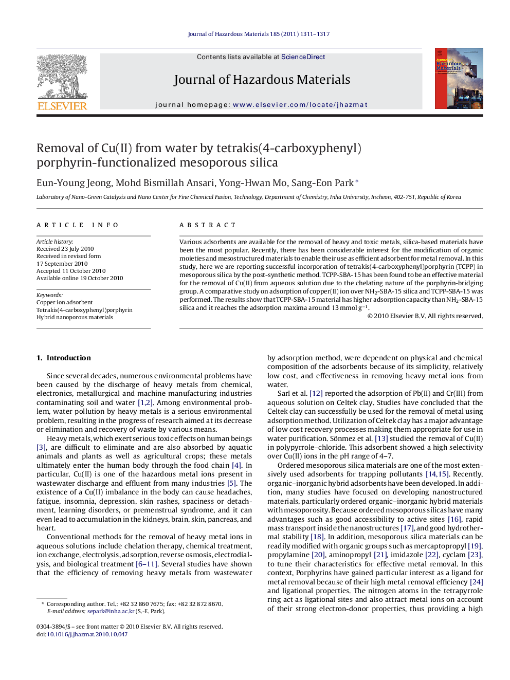 Removal of Cu(II) from water by tetrakis(4-carboxyphenyl) porphyrin-functionalized mesoporous silica