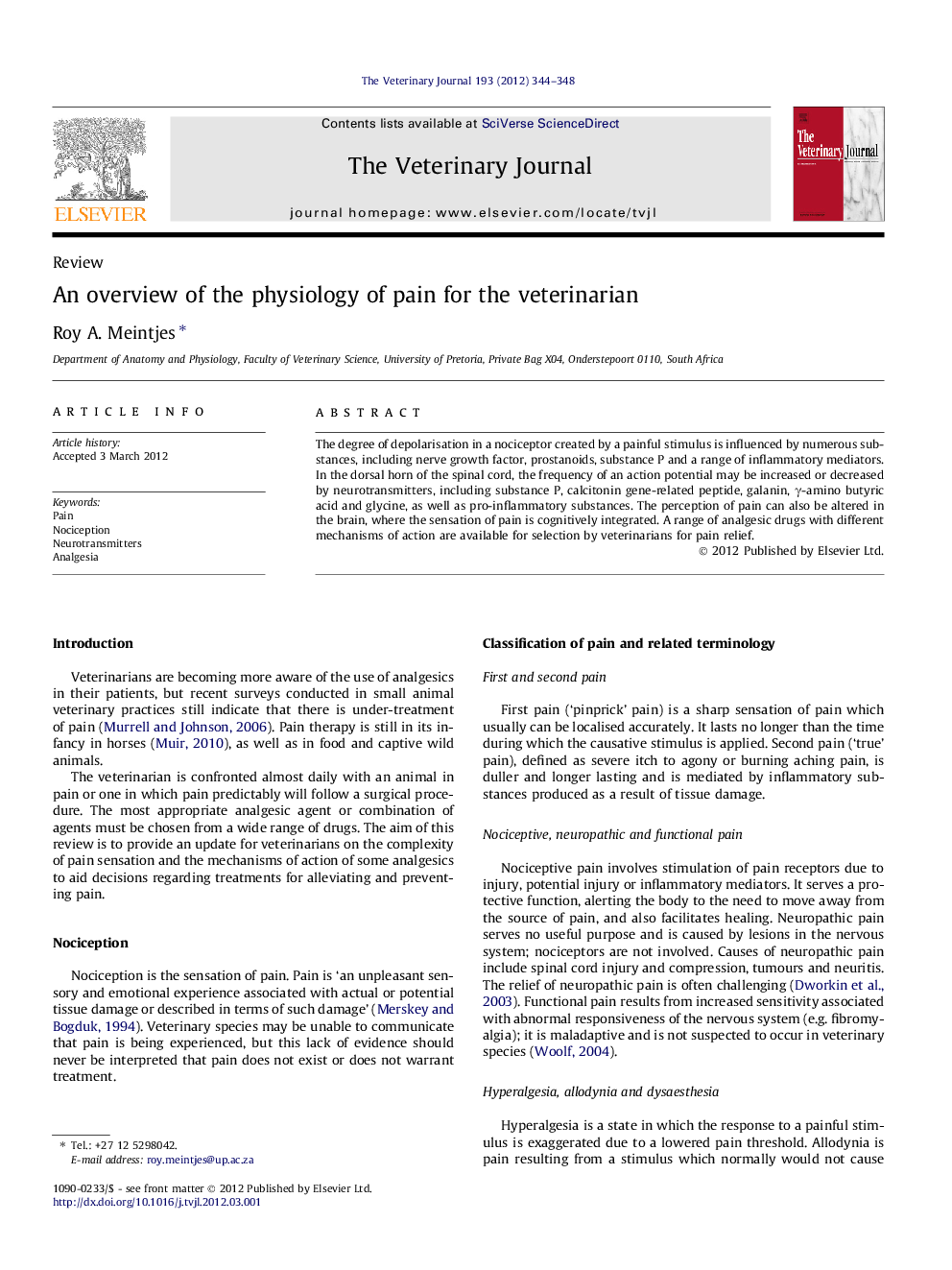 An overview of the physiology of pain for the veterinarian